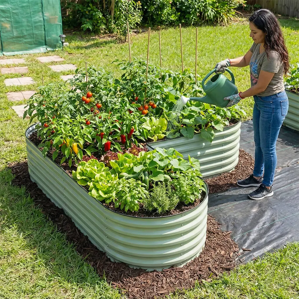 Gardener watering Vegega oval raised garden beds filled with tomatoes, peppers, lettuce and herbs — heart shaped and oval Vegega beds in use