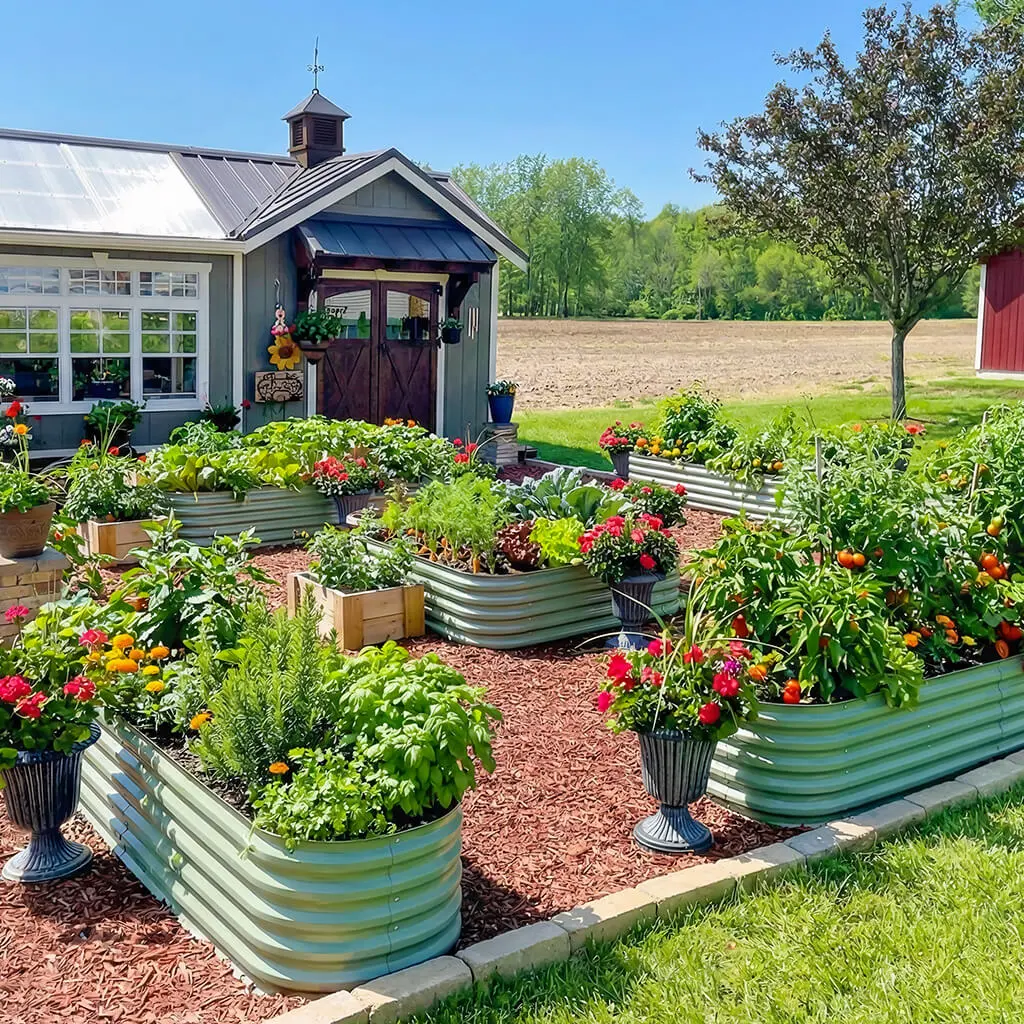Beautiful Vegega metal raised garden beds setup with multiple rectangular beds filled with vegetables and flowers next to a garden shed